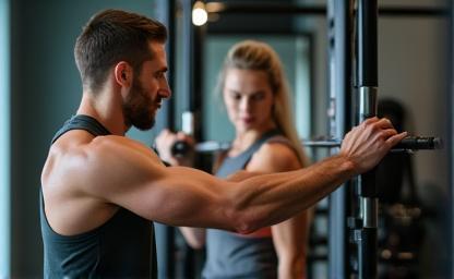 Trainer coaching client lifting weights